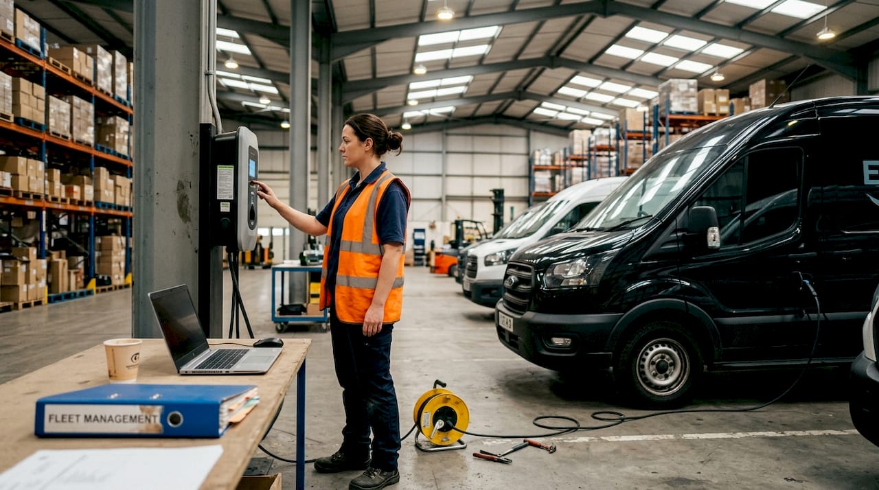Technician checking EV charger in warehouse