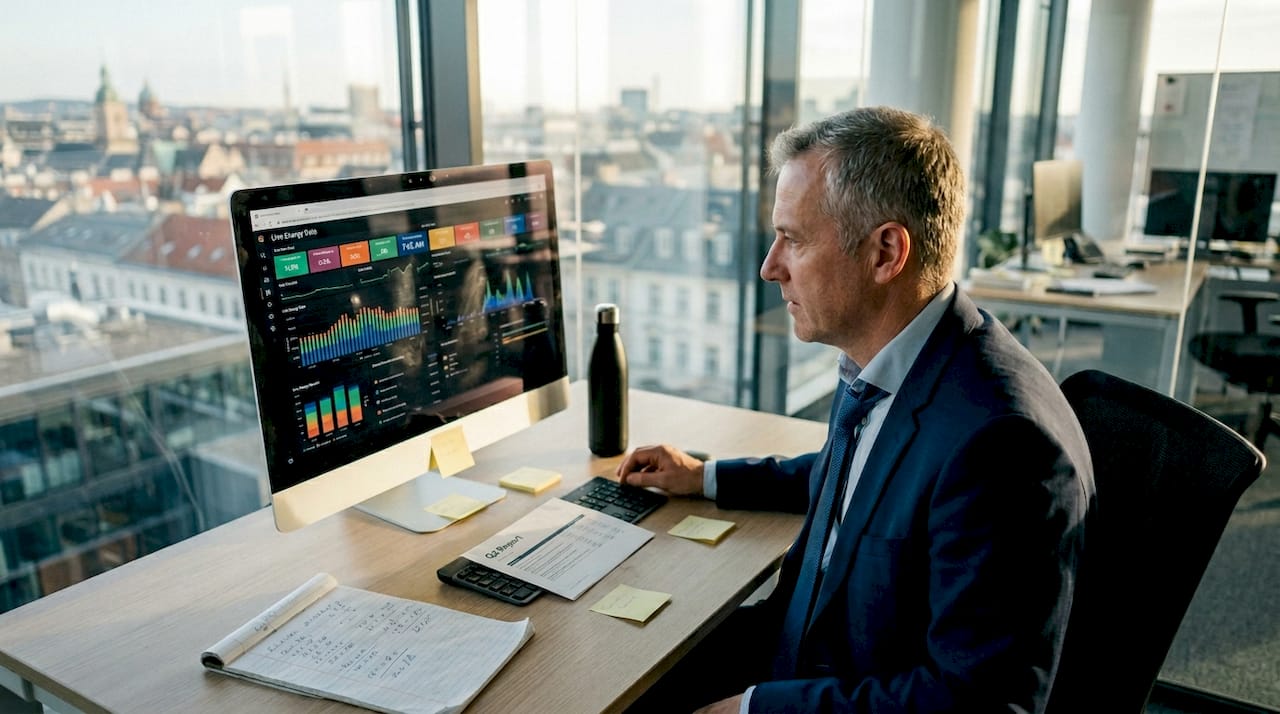 Manager reviewing live energy data dashboard