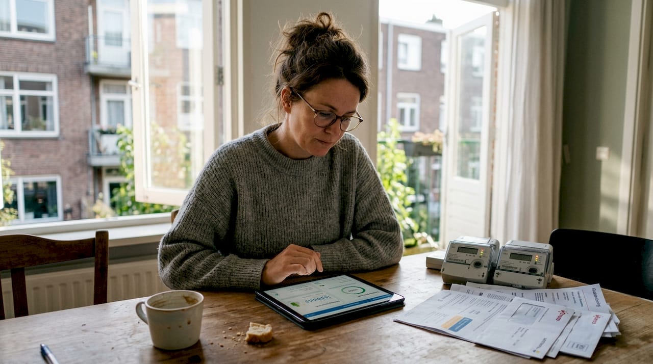 Thuis houdt een vrouw via haar tablet haar energieverbruik in de gaten.