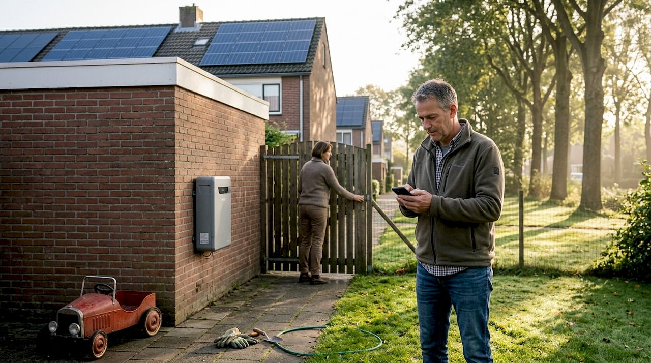 Een tussenwoning met zonnepanelen op het dak en een thuisbatterij voor het opslaan van energie.
