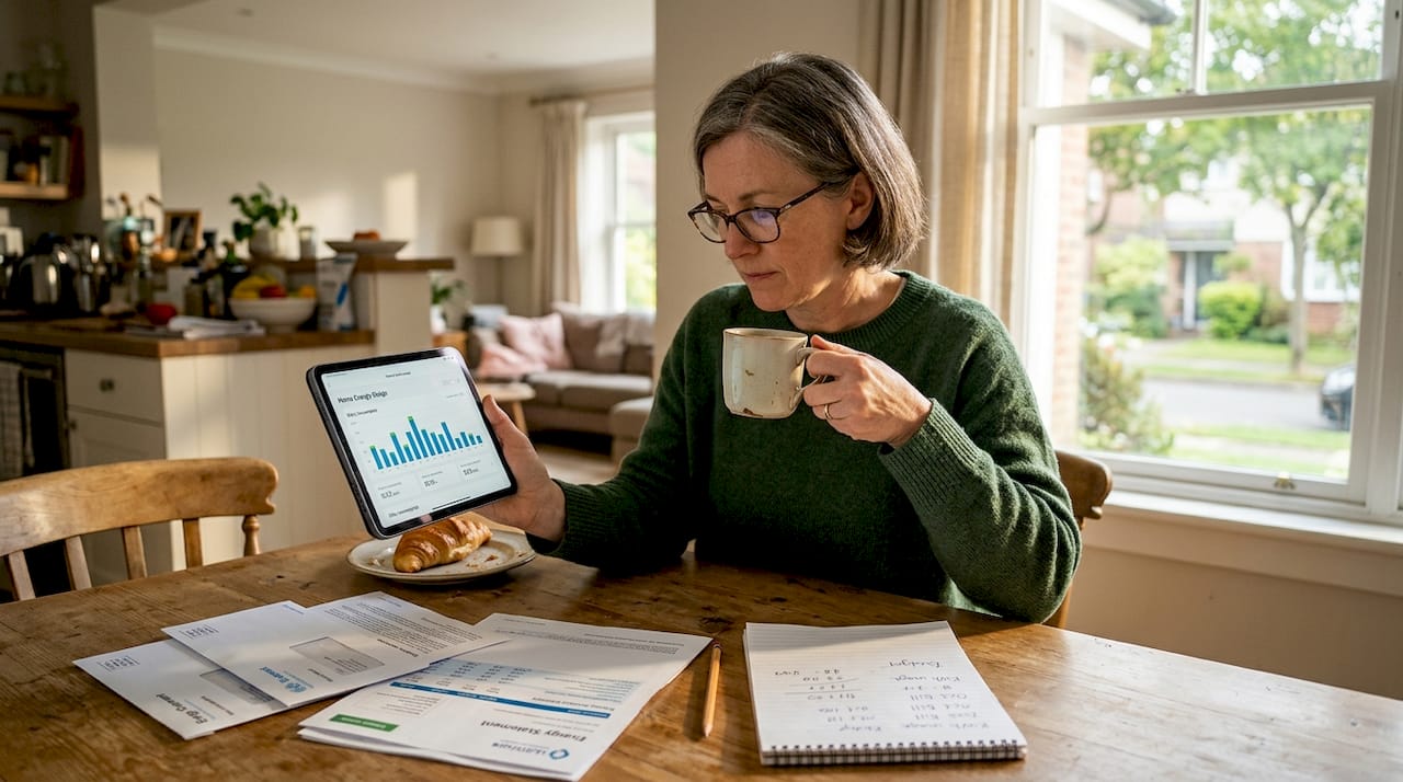 Woman reviewing home energy usage on tablet