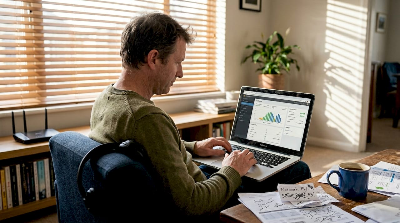 Man configuring solar inverter via laptop