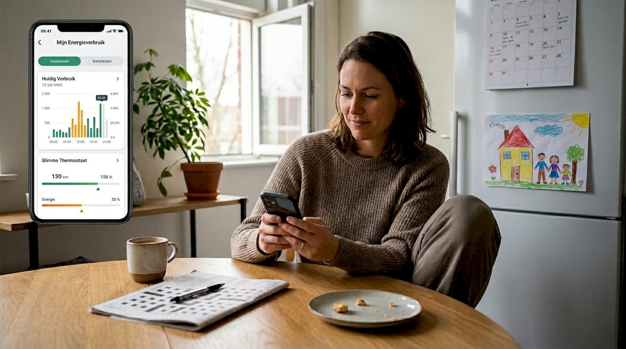 Aan de eettafel checkt een vrouw via haar app het energieverbruik in huis.