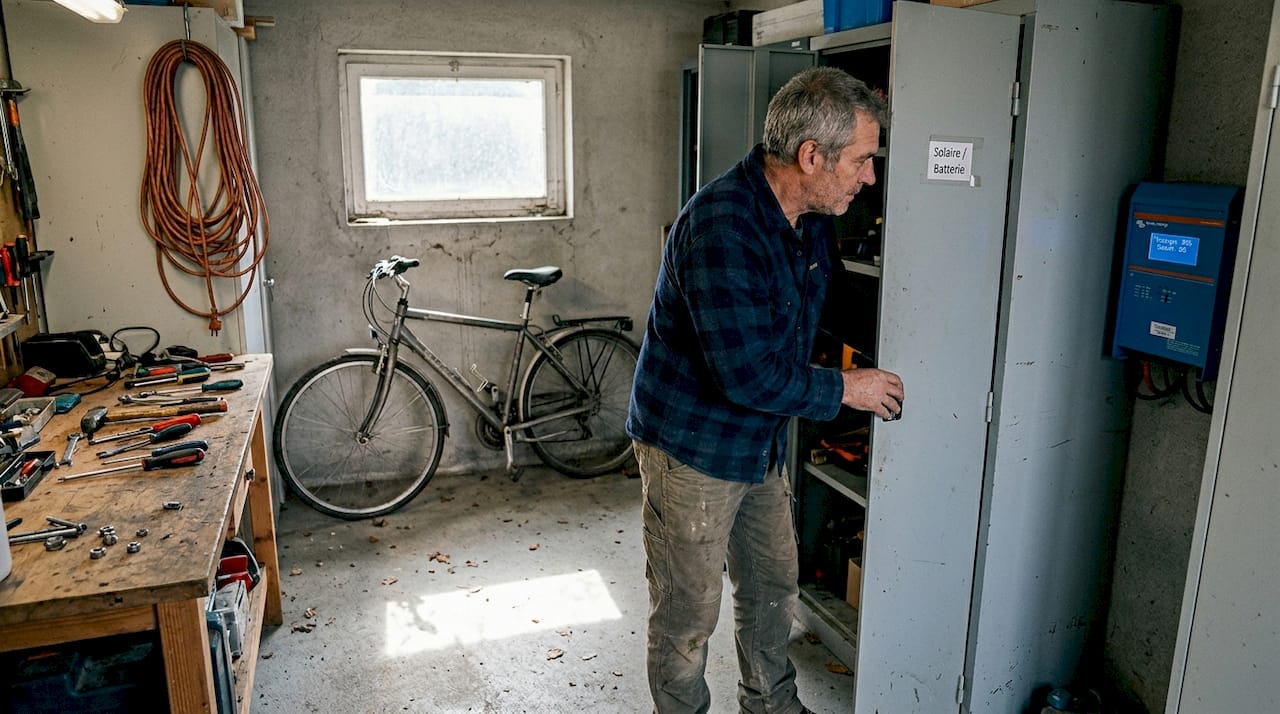 Un homme vérifie l’état de sa batterie solaire dans le garage de sa maison.
