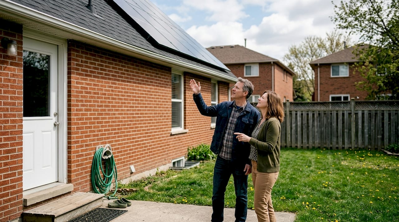 Un couple contemple fièrement les panneaux solaires installés sur le toit de leur maison.