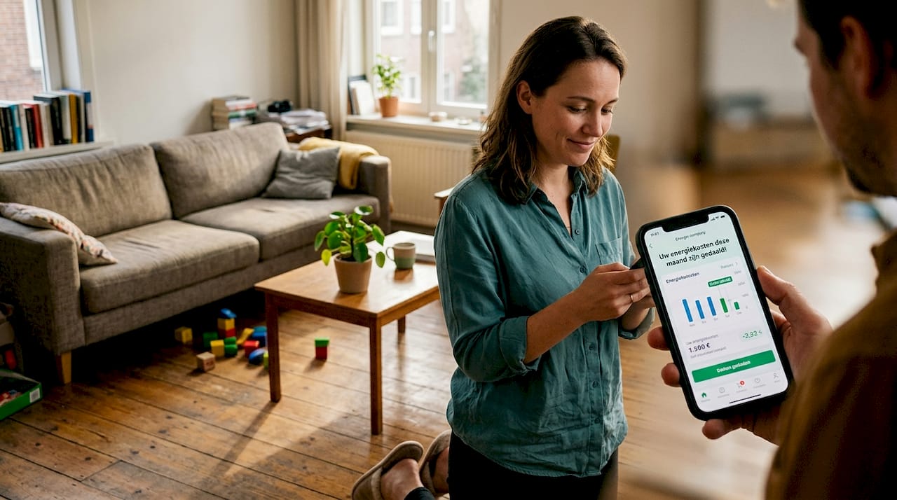 Een vrouw houdt haar energiebesparing bij via een app op haar smartphone.