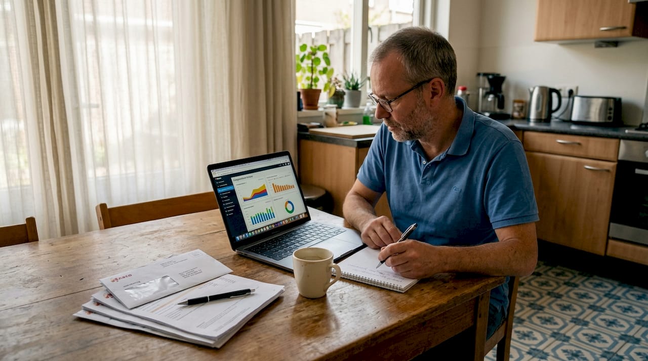 Een man zit aan de keukentafel om zijn energieverbruik thuis in de gaten te houden.