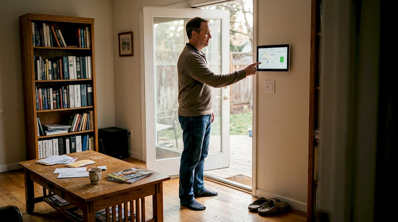 Homeowner checking hybrid system status screen