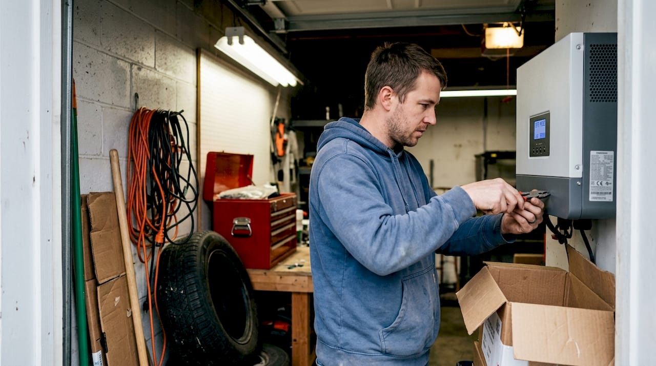 Technician setting hybrid inverter in EPS mode