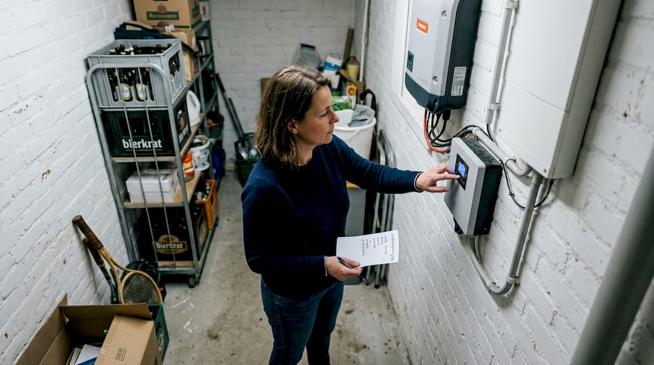 Een vrouw bekijkt thuis de batterij van haar zonnepanelen om te zien hoeveel energie ze heeft opgeslagen.