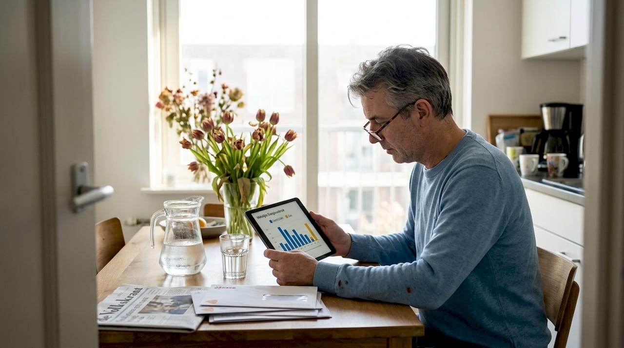Man zit aan de eettafel en bekijkt het energieverbruik van zijn huis