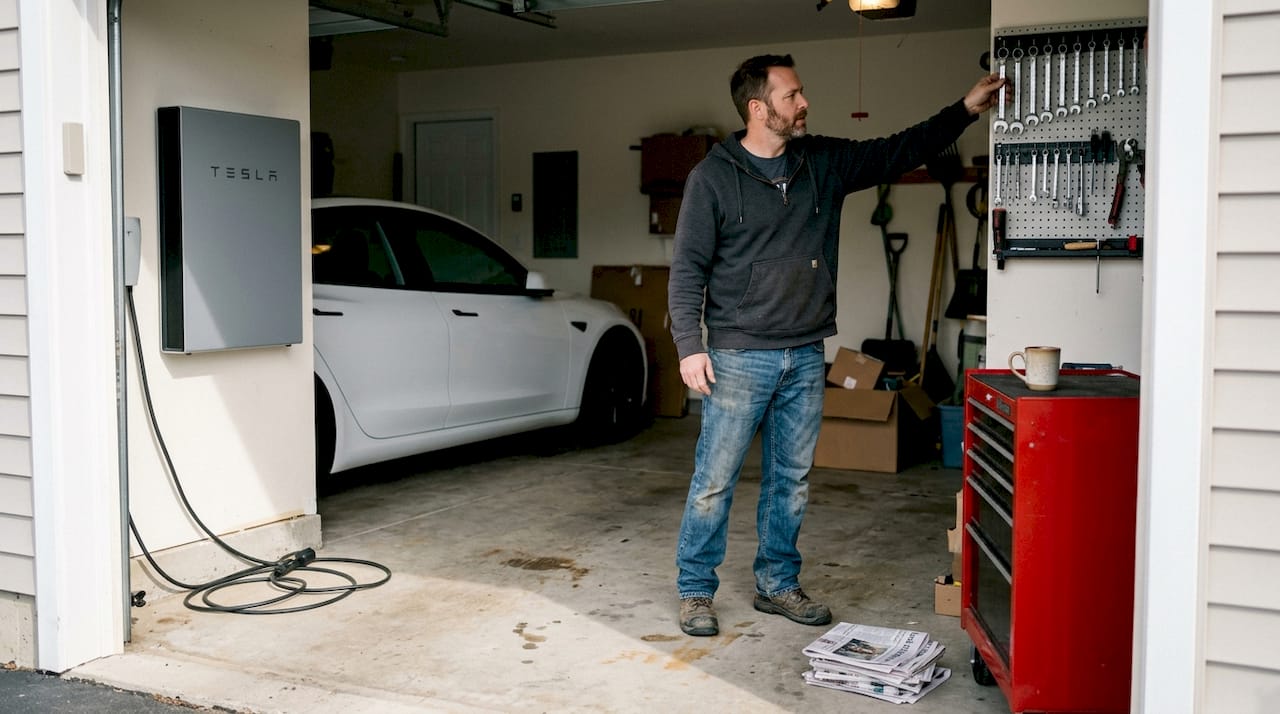 Man in garage with EV and battery storage unit