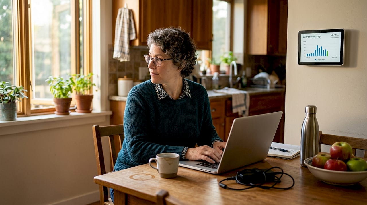 Woman managing home energy use at kitchen table