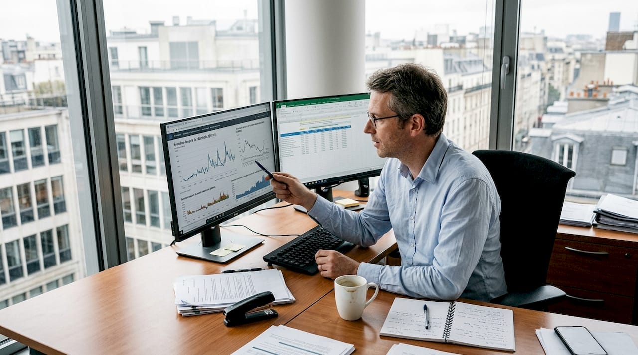 Un homme analyse les cours de l’énergie sur deux écrans d’ordinateur.