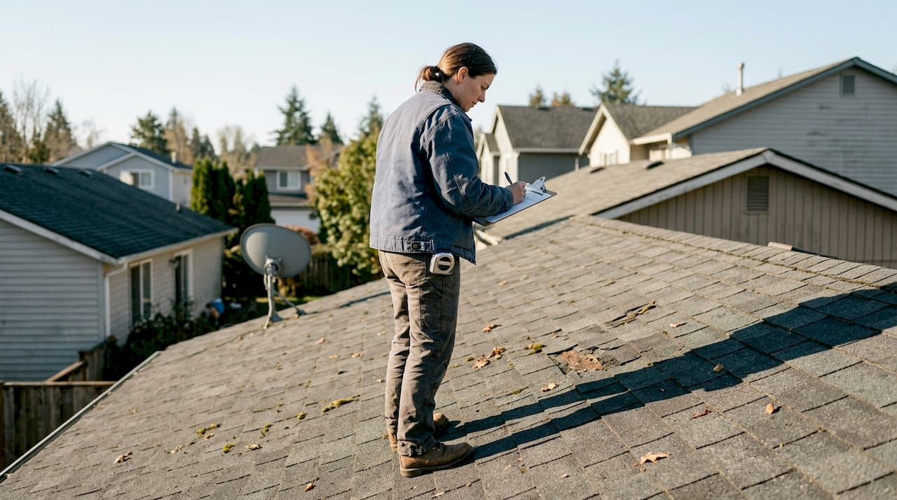 Technician assessing roof for solar suitability