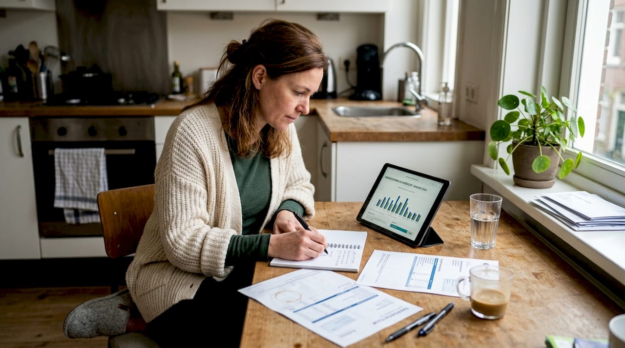Een vrouw bekijkt haar energierekeningen aan de keukentafel.
