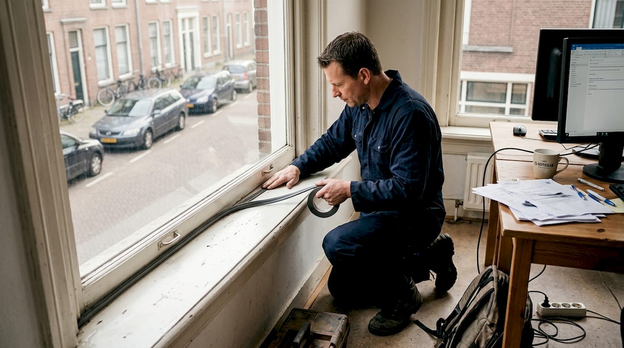 Een medewerker brengt isolatiemateriaal aan in een kantoorruimte.