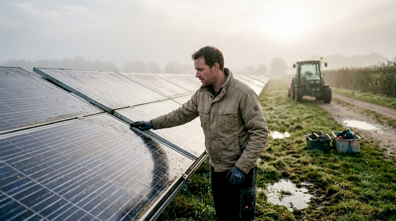 Ochtendinspectie van het zonneparkveld