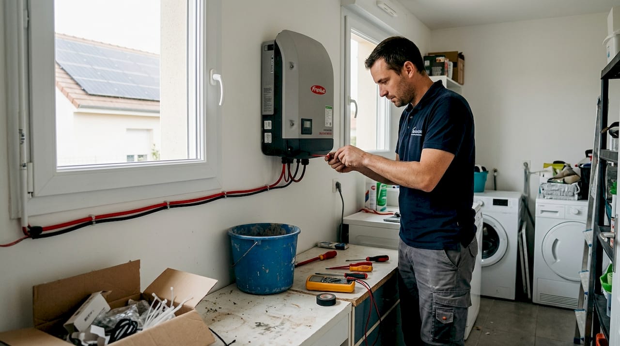 Un professionnel en train de régler un onduleur solaire pour une installation résidentielle.
