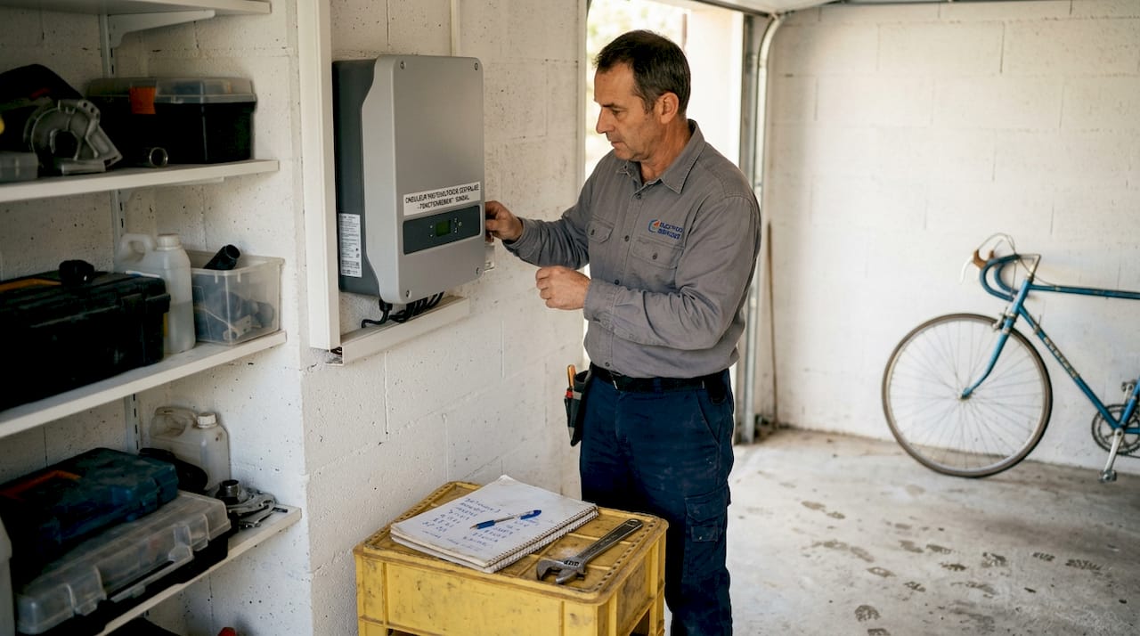 Un électricien effectue le contrôle d’un onduleur central dans un garage.