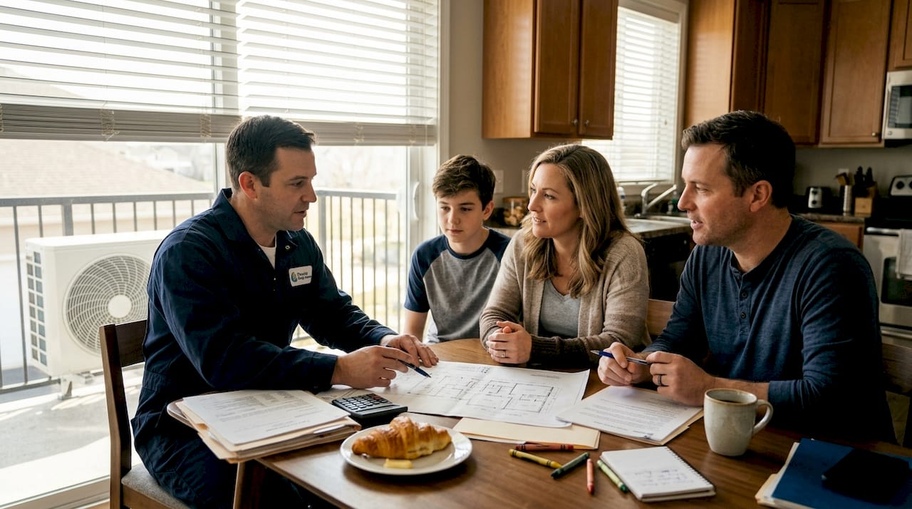 Family consults technician about home heat pump