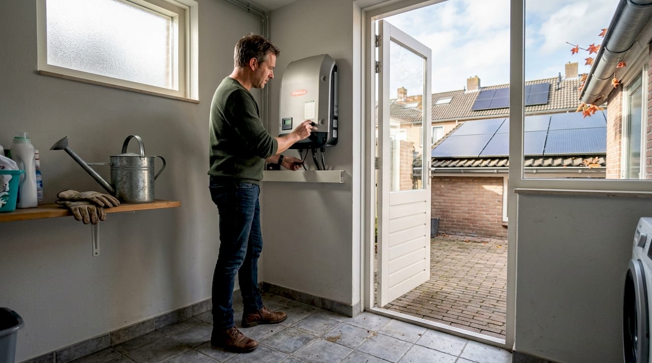 Homeowner checks solar inverter beside rooftop panels