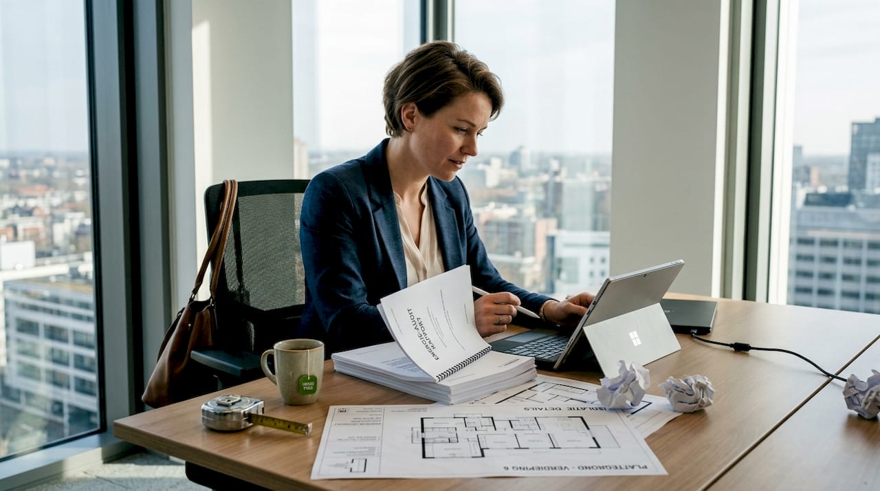 Een energieadviseur voert momenteel een energie-audit uit op kantoor.