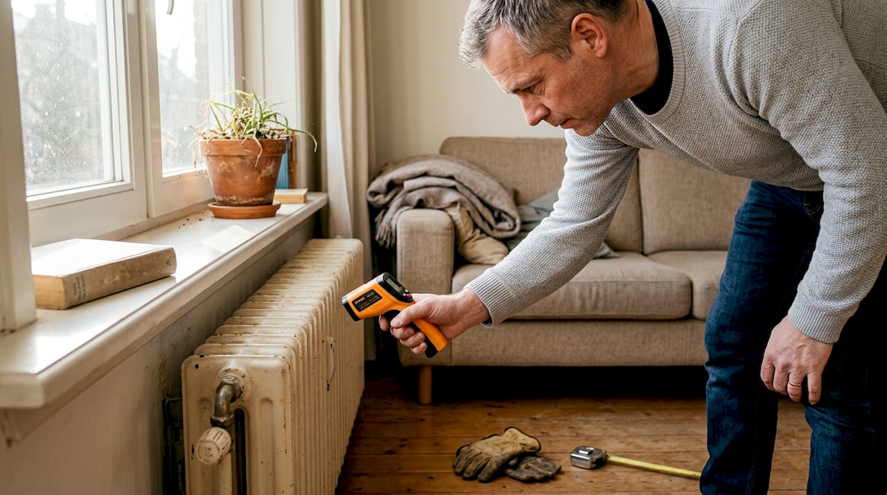 Man bekijkt de isolatie rondom de radiator in de woonkamer