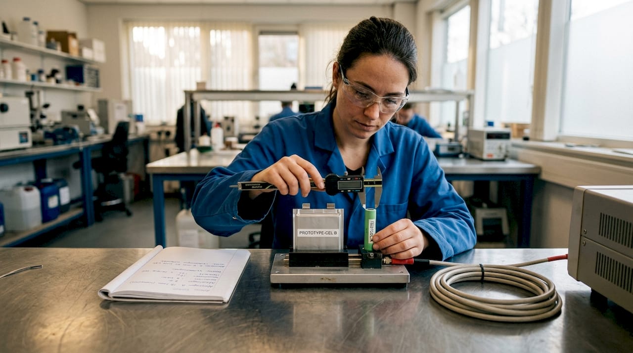 Een technicus maakt zich klaar om verschillende batterijcellen met elkaar te vergelijken.