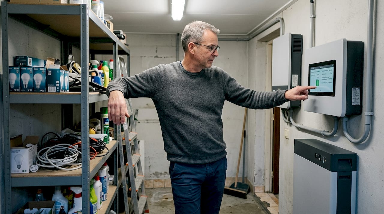 Man controleert het laadniveau van zijn thuisbatterij