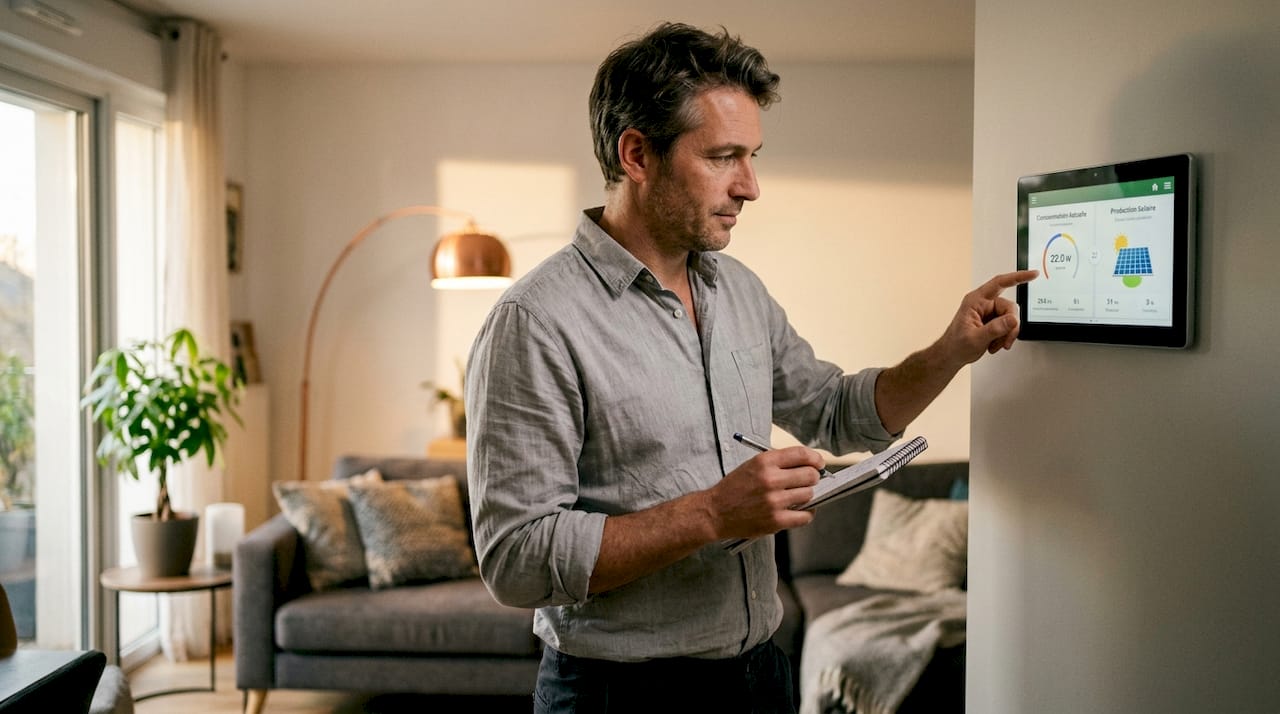 Un homme contrôle le niveau de sa batterie domestique depuis son salon.