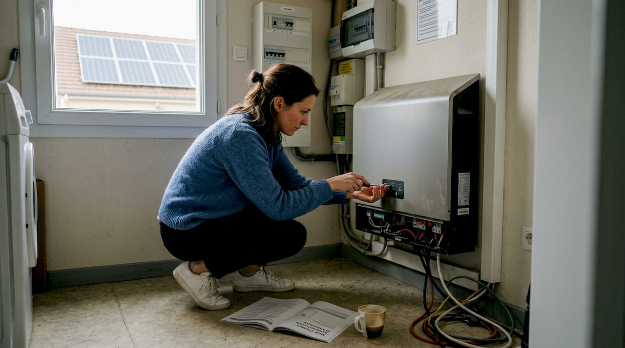 Une femme en train de monter sa batterie chez elle