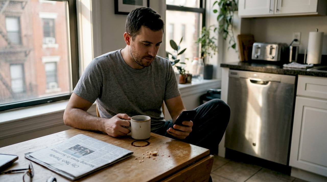 Man using energy app at kitchen table