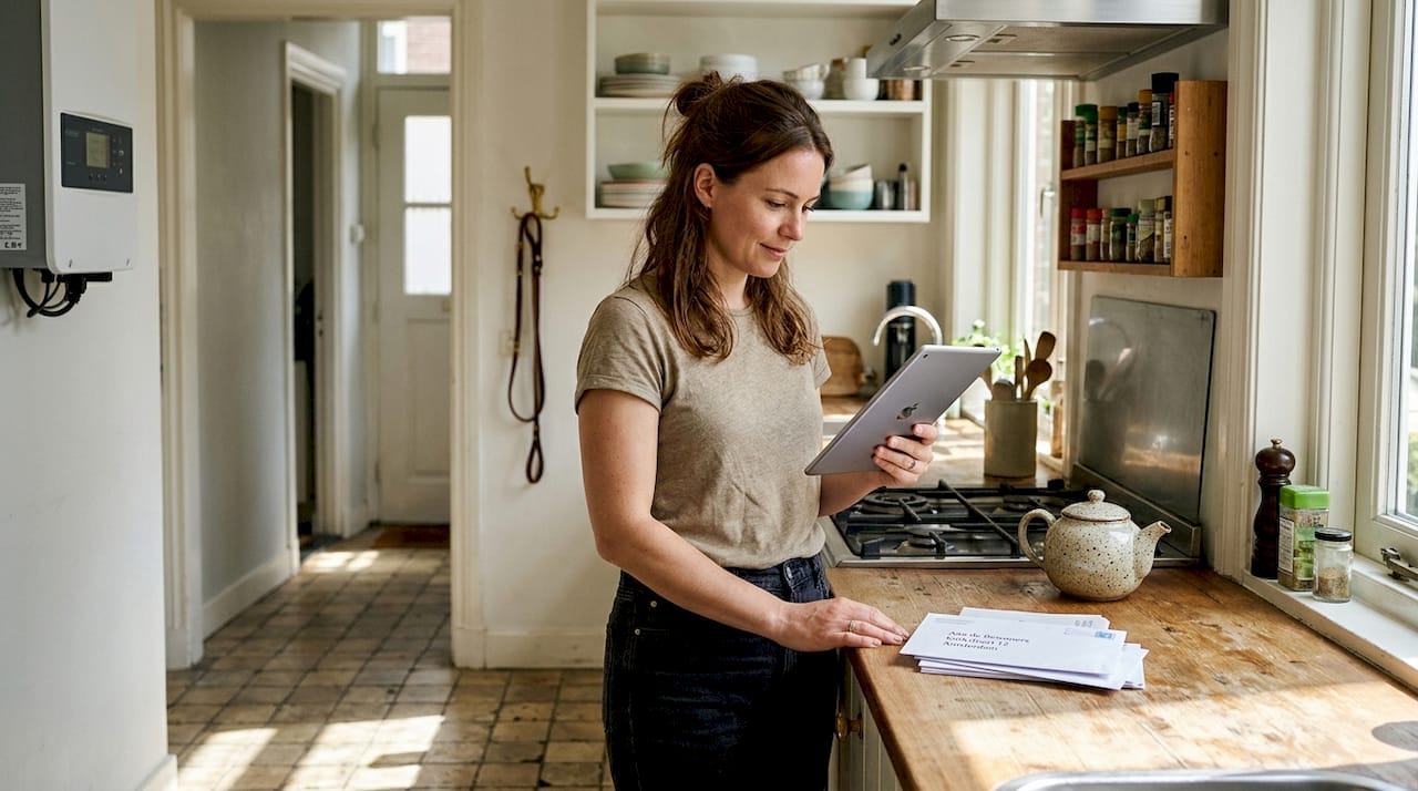 Vrouw bekijkt het energieverbruik van haar huis terwijl ze aan de keukentafel zit.