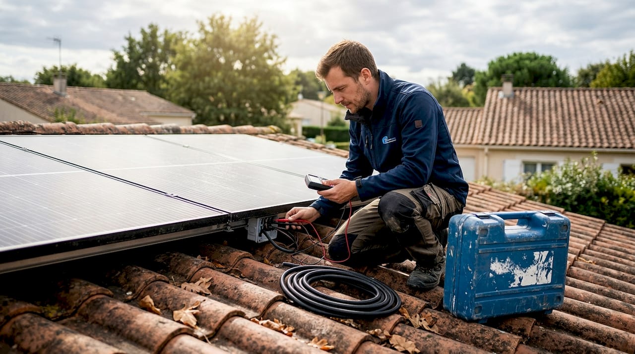 Un électricien vérifie l’installation des câbles sur des panneaux solaires.