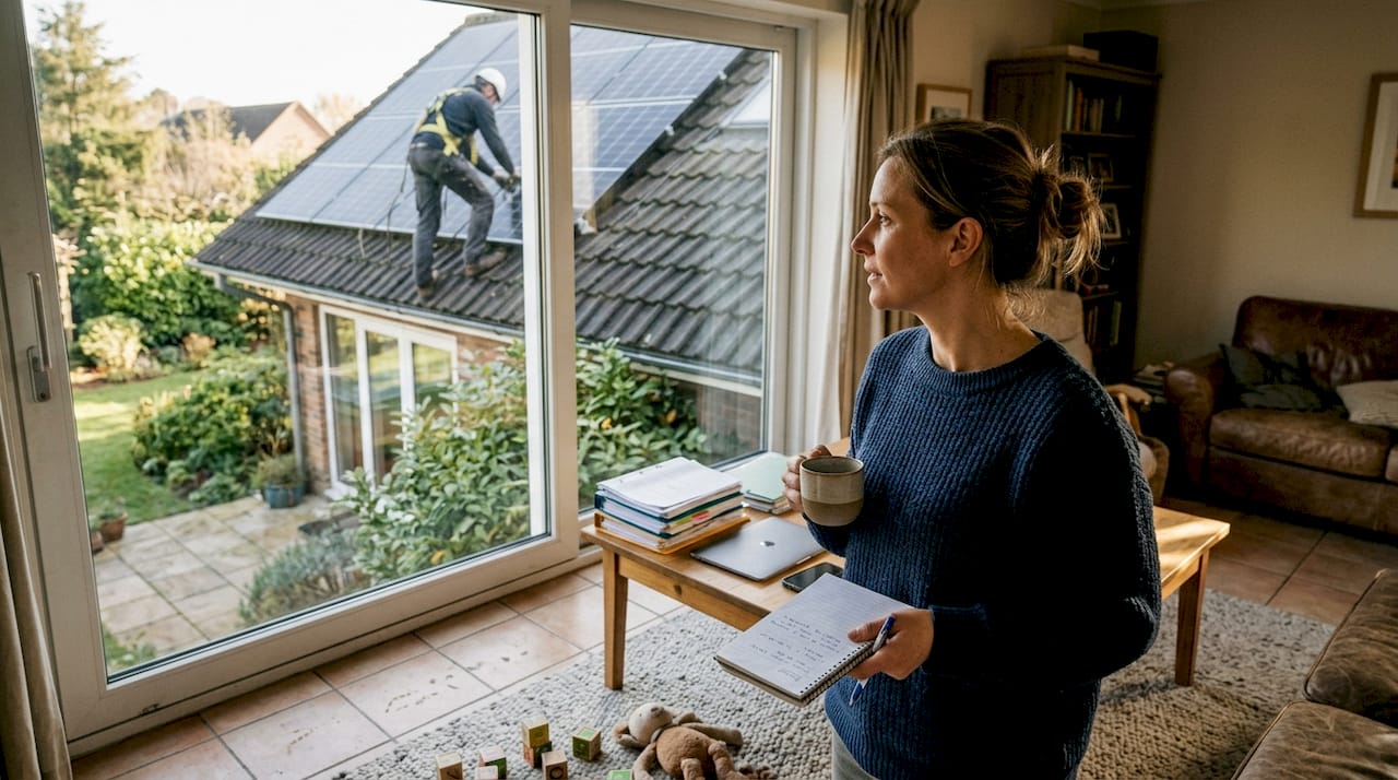 Depuis leur salon, la famille regarde avec intérêt l’installation des panneaux solaires.