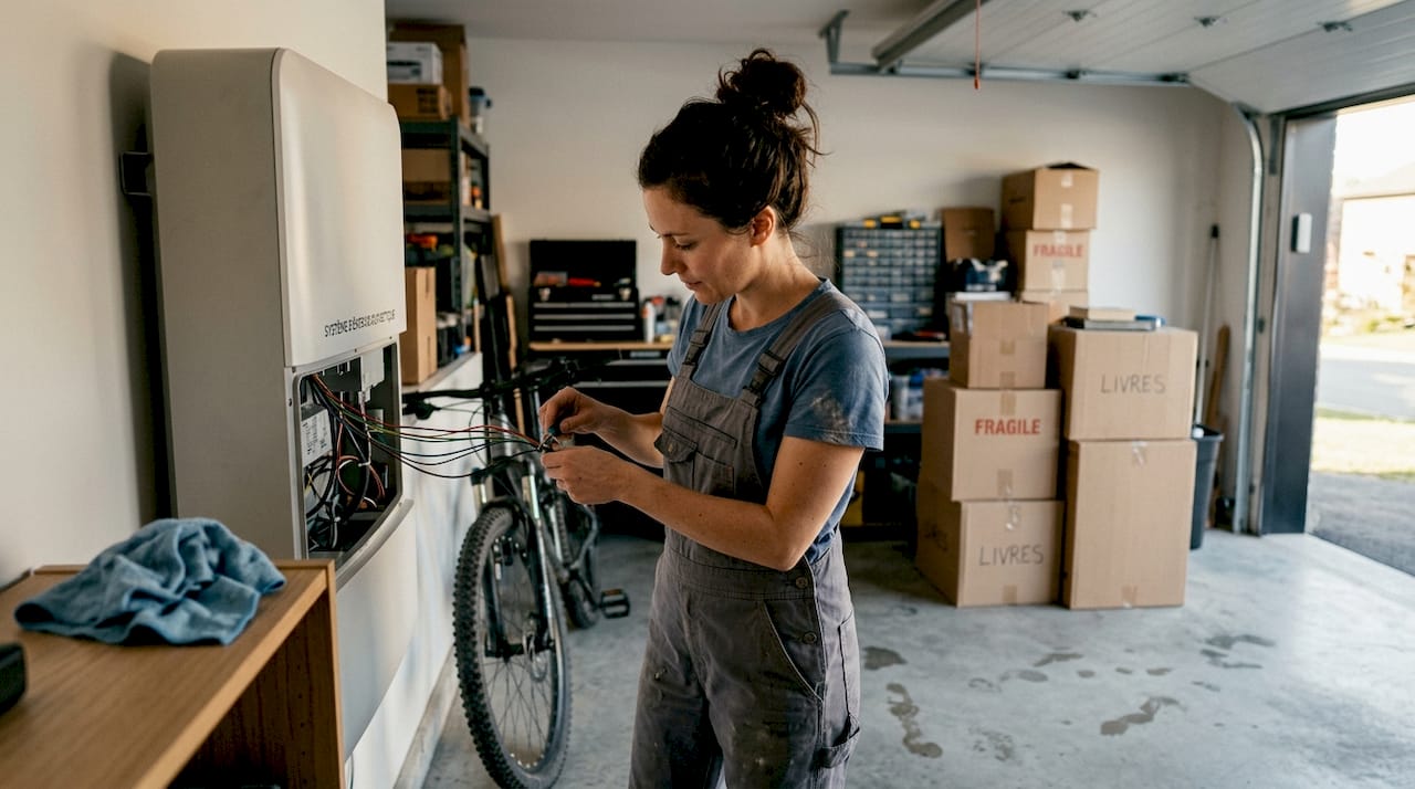 Une technicienne en train de brancher une batterie dans le garage familial