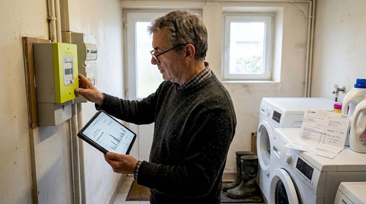 Un homme surveille la consommation énergétique de son logement.