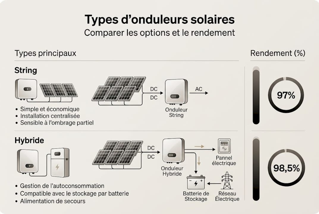 Visuel explicatif sur les différents modèles d’onduleurs solaires et leur efficacité