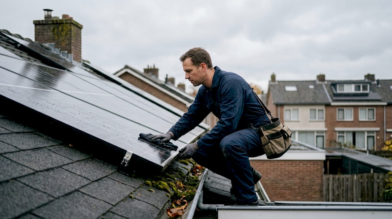 Technician checks rooftop solar panels in rain