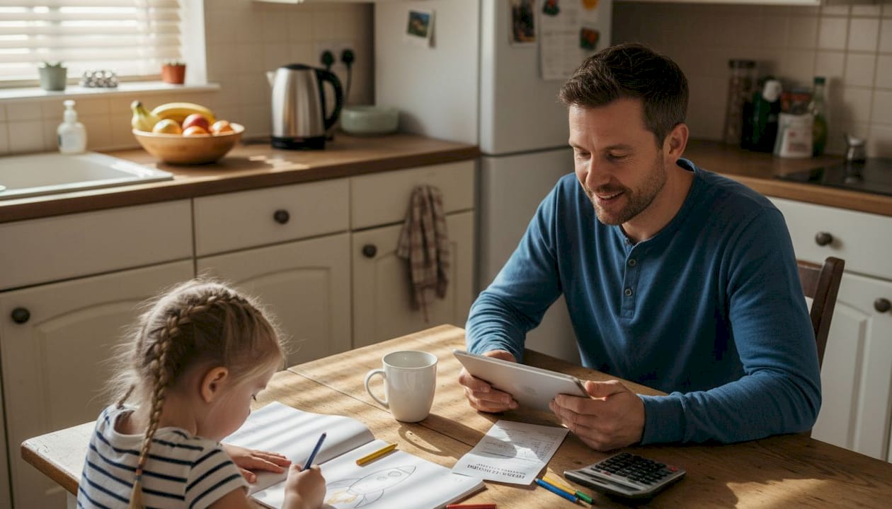 Family reviews energy bills at kitchen table