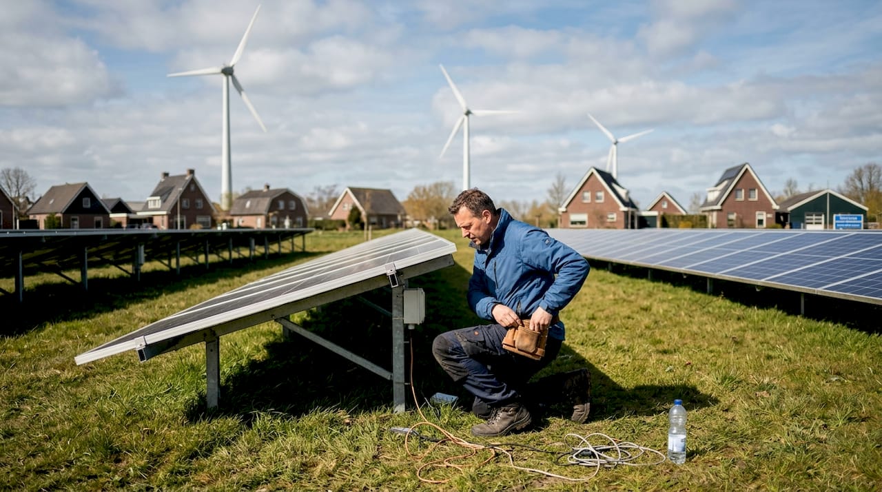 Een monteur controleert de zonnepanelen terwijl op de achtergrond windmolens draaien.