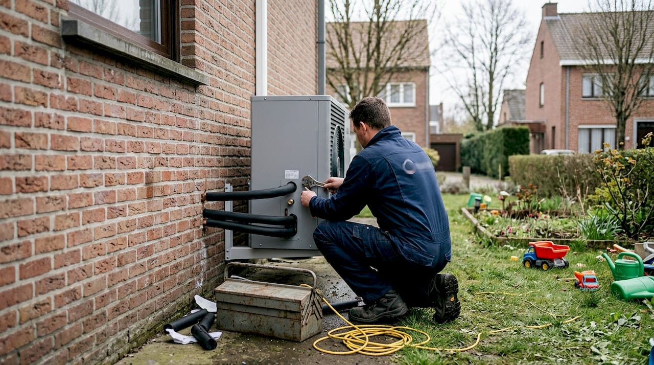 Een installateur plaatst een warmtepomp bij een woning in een woonwijk.