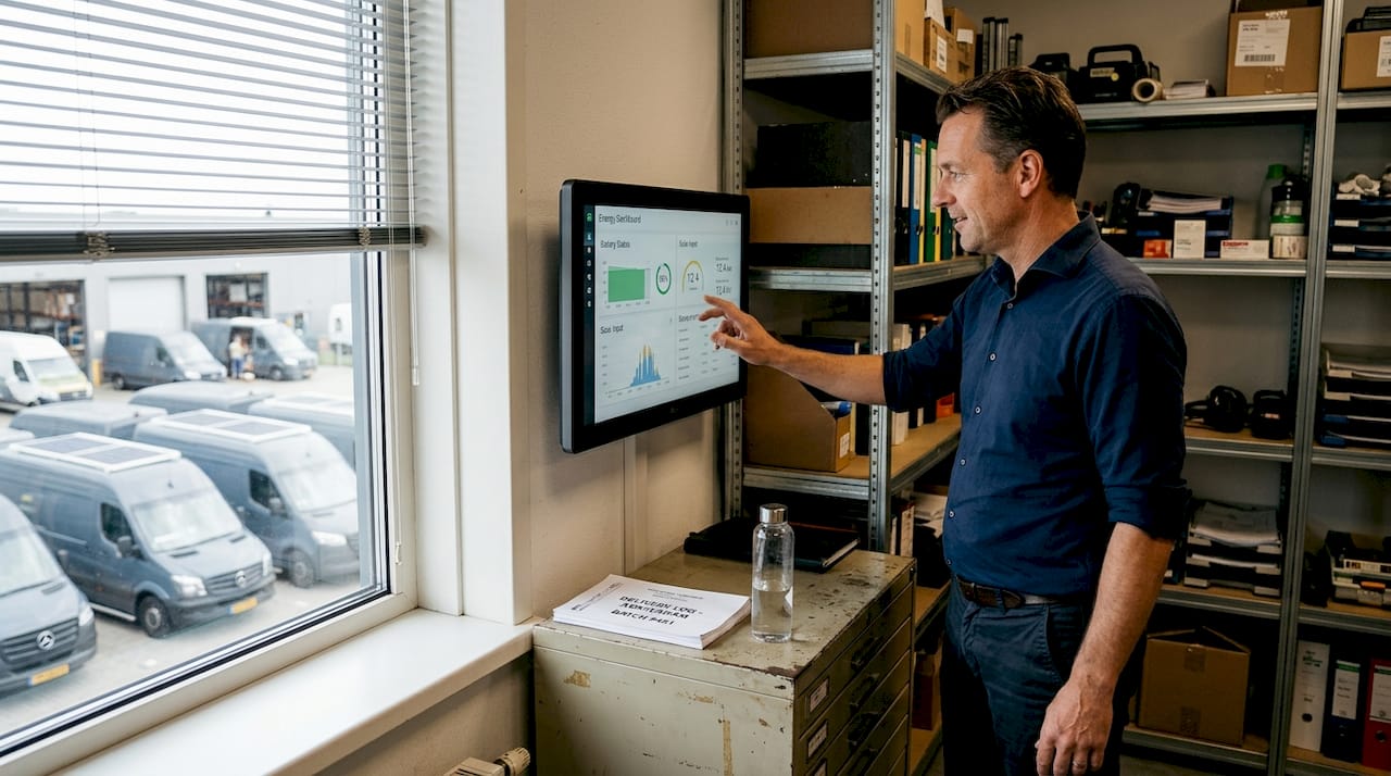 Manager checks office solar battery status panel