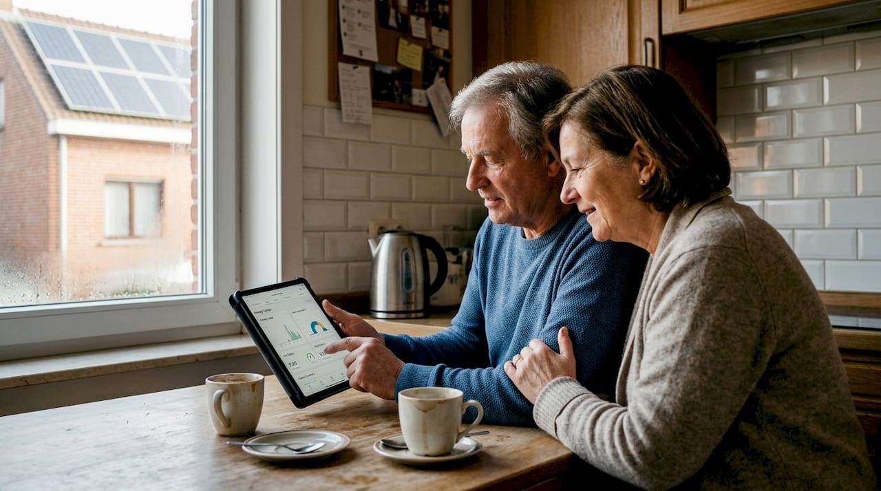 Homeowners review energy monitor by kitchen window