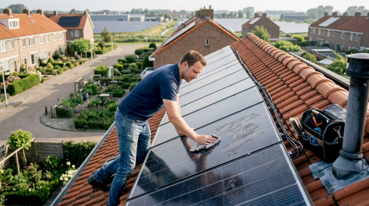 Man voert onderhoud uit aan zonnepanelen op het dak van zijn huis
