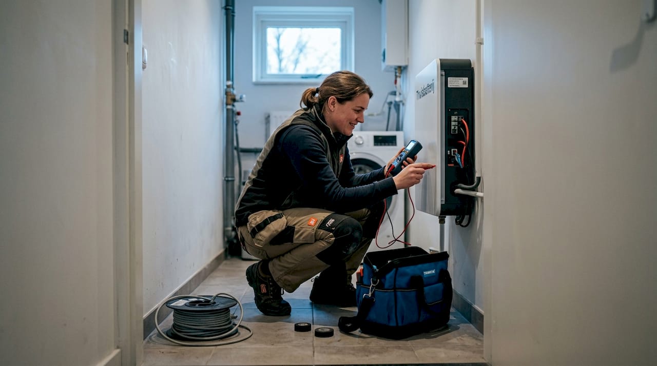 Een installateur heeft onlangs een batterijsysteem geplaatst en aangesloten in de bijkeuken.