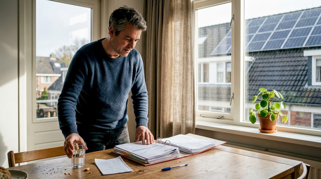 Aan de eettafel zit een man aandachtig door een map met energiedocumenten te bladeren.