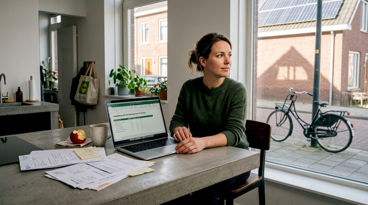 Vrouw zoekt en vergelijkt offertes voor haar nieuwe keukeneiland