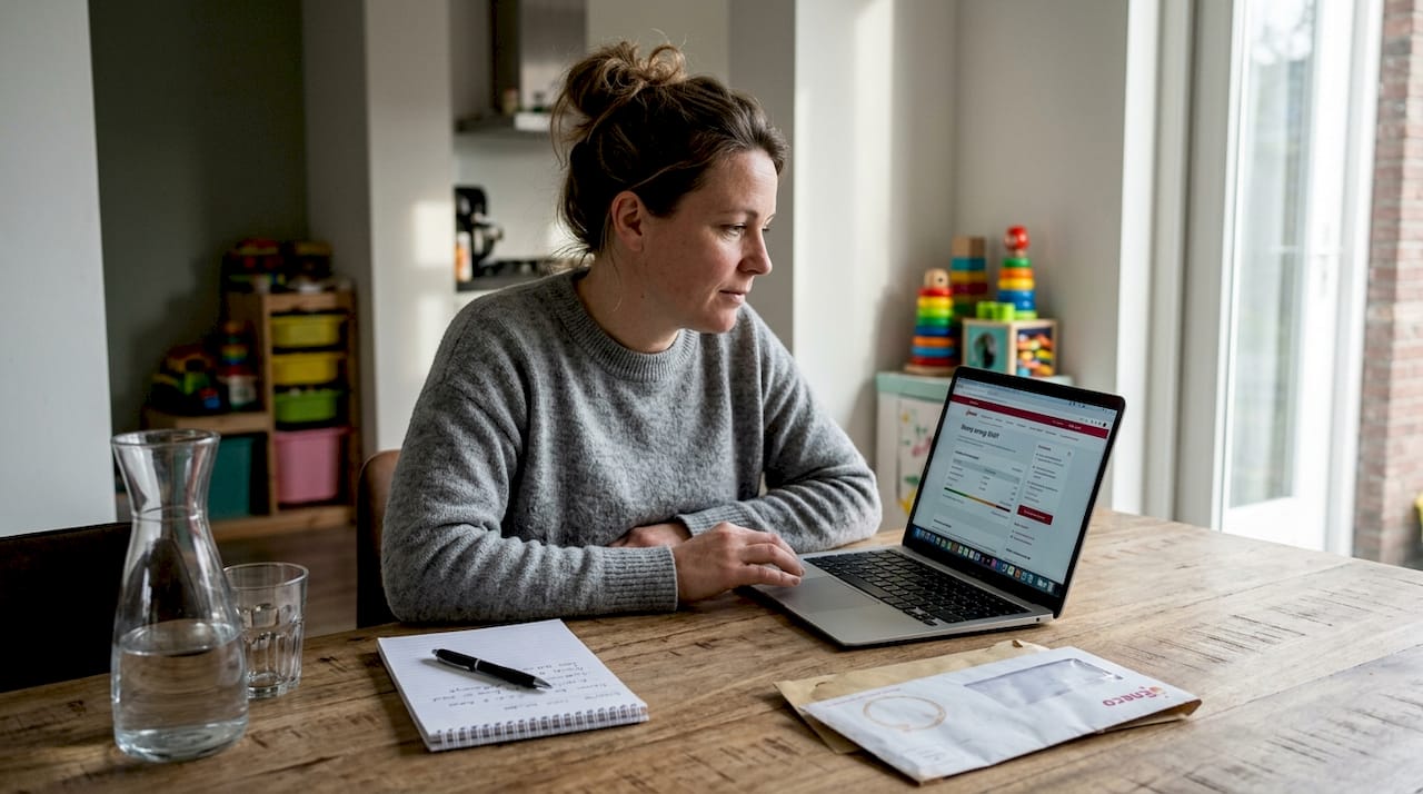 Vrouw bekijkt haar energierekening om inzicht te krijgen in het verbruik thuis